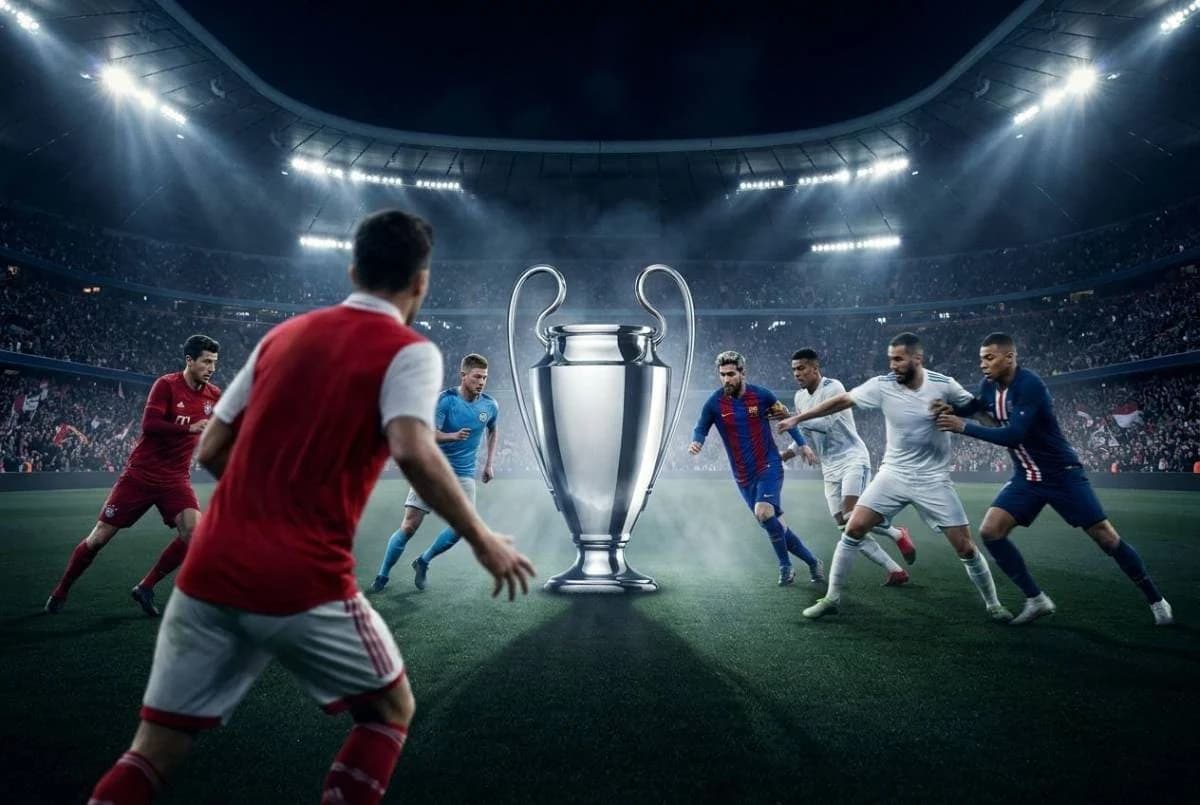 Joueurs des grands clubs europeens autour du trophee de la Ligue des champions